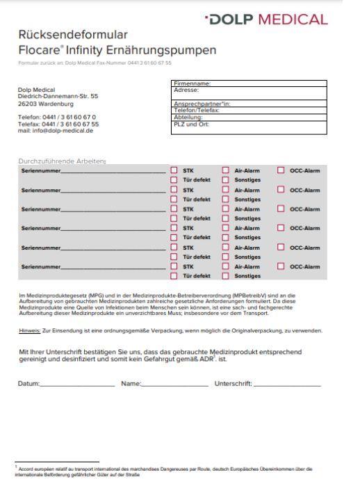 Rücksendeformular Infinity Pumpe Rücksendeformular Infinity Pumpe